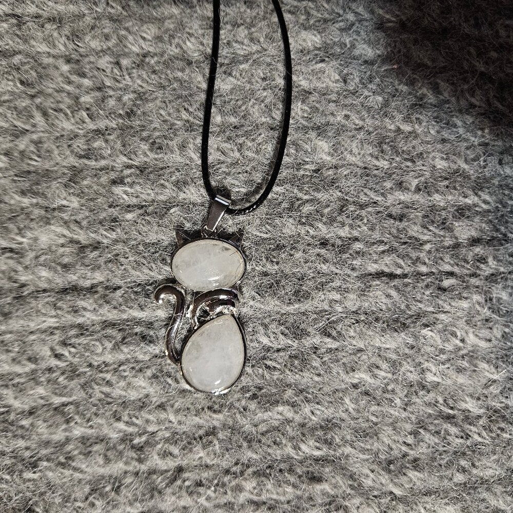 COPY - NWOT, white quartz gemstone cat pendant, silver plate, artisan, unisex